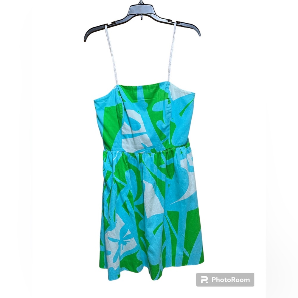 Lilly Pulitzer Blue and Green Print Strapless Dress with Pink Exposed Zipper
